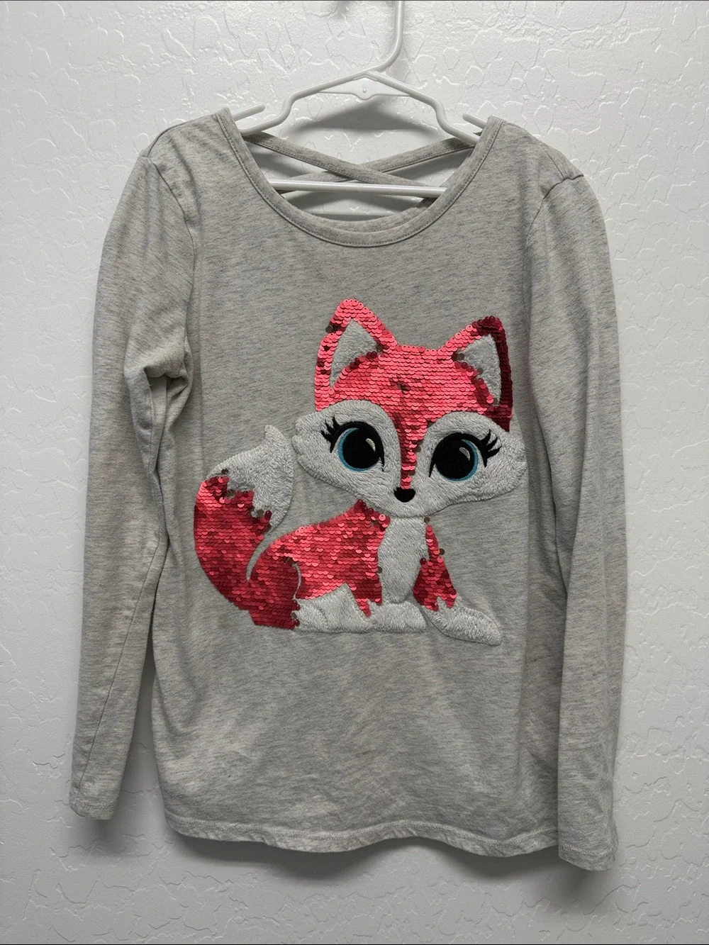 Justice Gray Long-Sleeve Top with Pink Sequin Fox